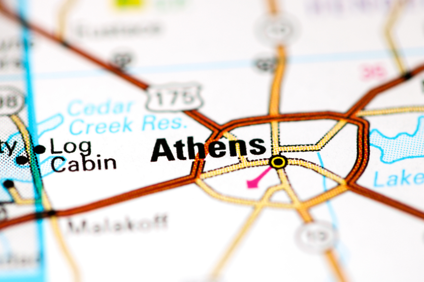 Athens. Texas. USA on a map