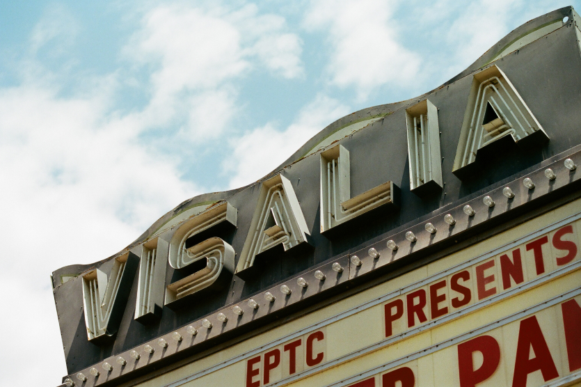 Visalia, California - May 20 2018: A neon sign and marquee for the Visalia Theater.