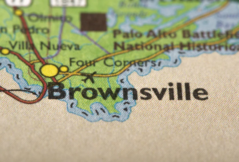 Closeup of Brownsville, Texas on a political map of the United States.