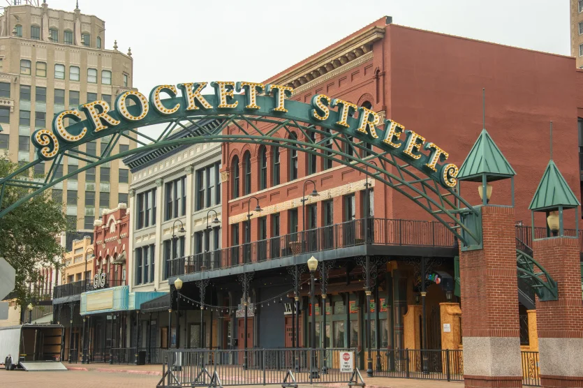 Beaumont, USA – December 8, 2022 - The Crockett Street Dining and Entertainment Complex with restored 20th century buildings in Downtown Beaumont, Texas.