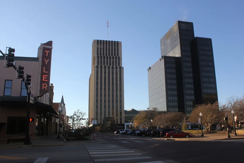 Tyler, TX - January 3, 2024: Buildings located in downtown Tyler, TX near the courthouse.